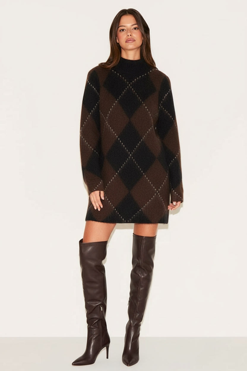 Ensemble maille brossée femme motif tartan pull et jupe cosy hiver printemps