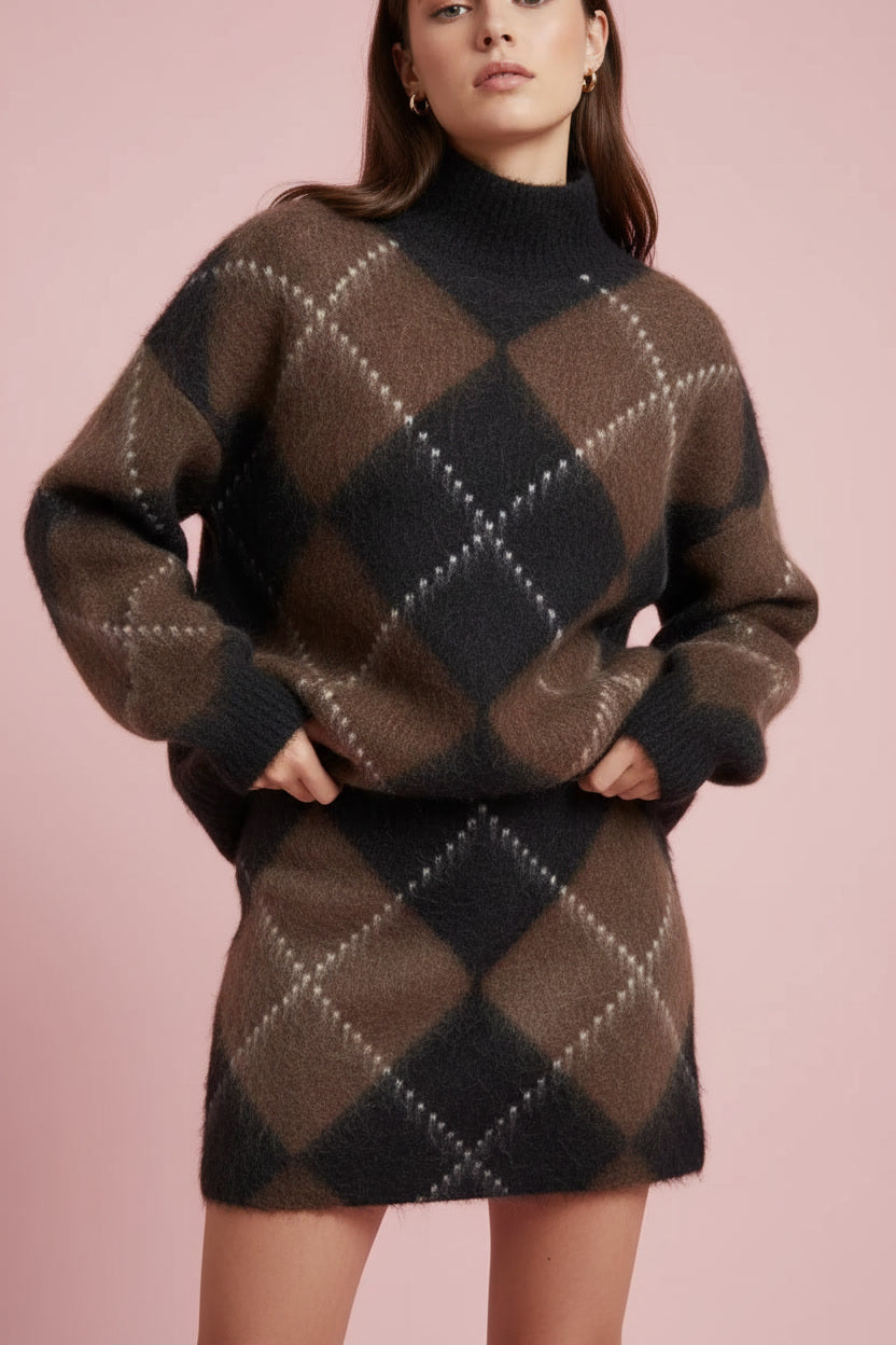 Ensemble femme maille brossée effet daim tartan look cosy hiver printemps