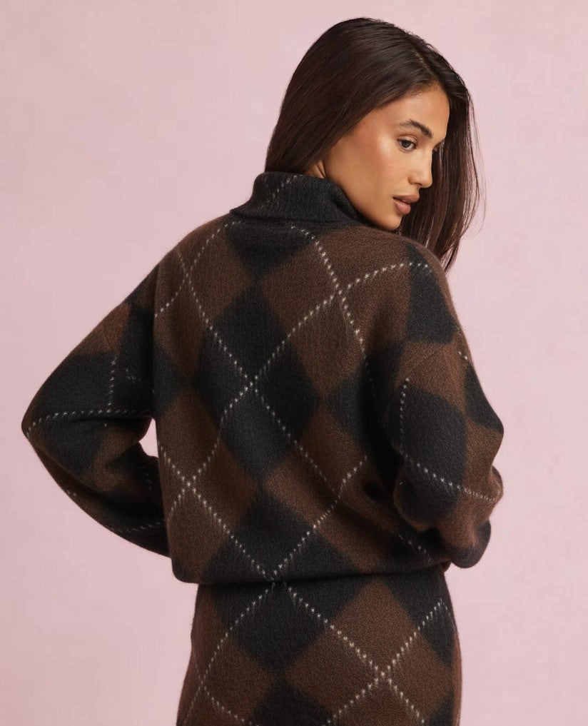 Ensemble maille brossée femme effet daim – Motif tartan cosy hiver & printemps