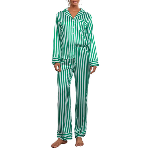 2024 Women Christmas Pajama Sets Striped Long Sleeve Satin Button Shirts with Wide Leg Long Pants Nightwear Sleepwear Loungewear