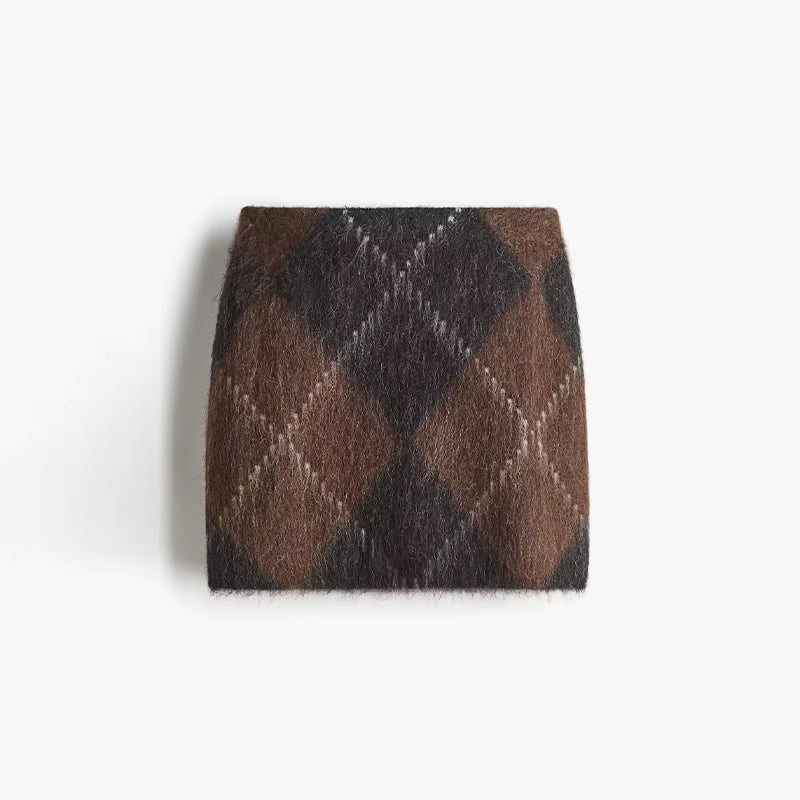 Jupe femme maille brossée motif tartan effet daim cosy