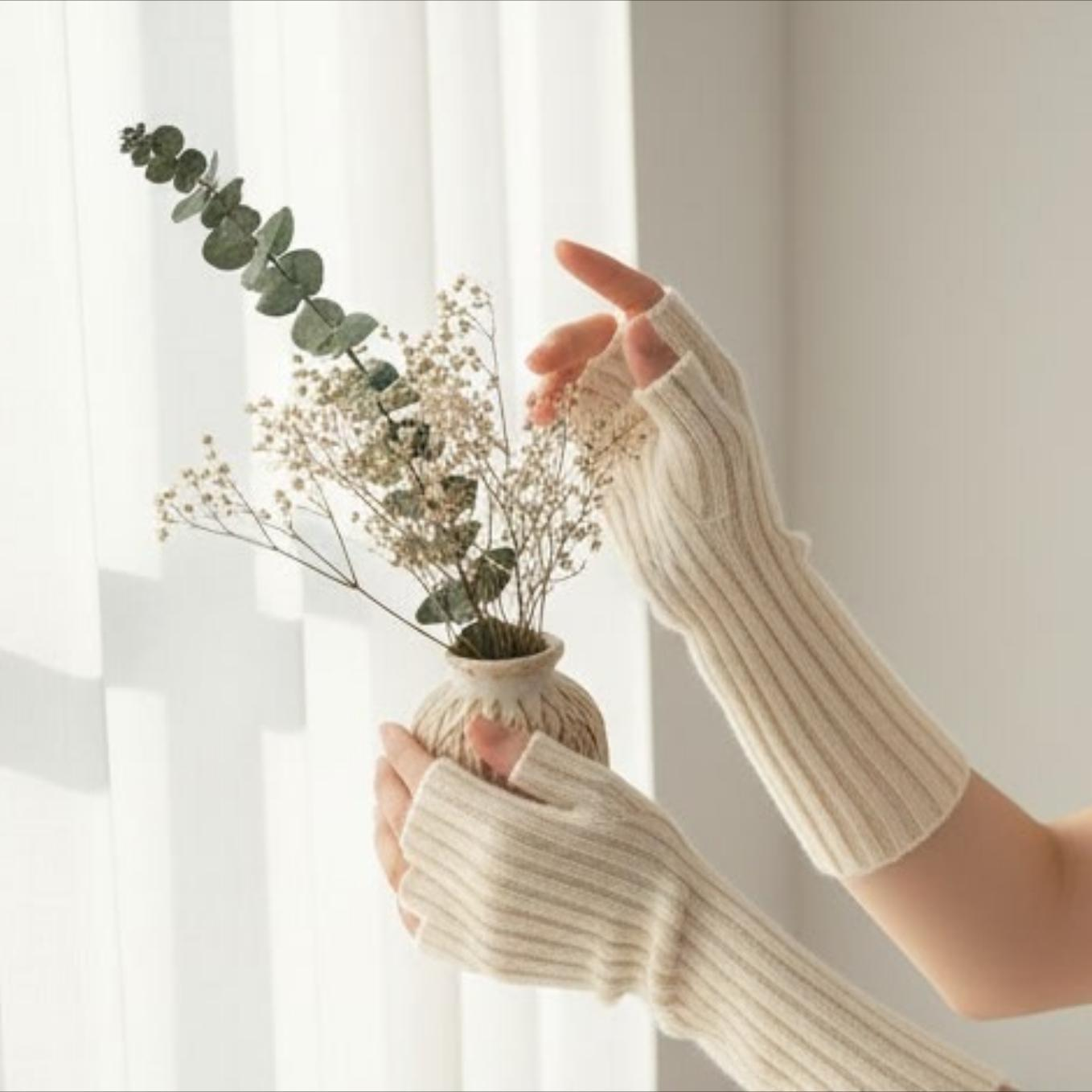 Mitaines longues femme sans doigts en maille tricotée – Style kawaii hiver & printemps 2026