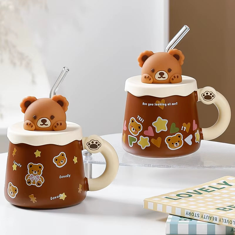Mug ours en céramique avec couvercle et paille composition produit 360 420 ml