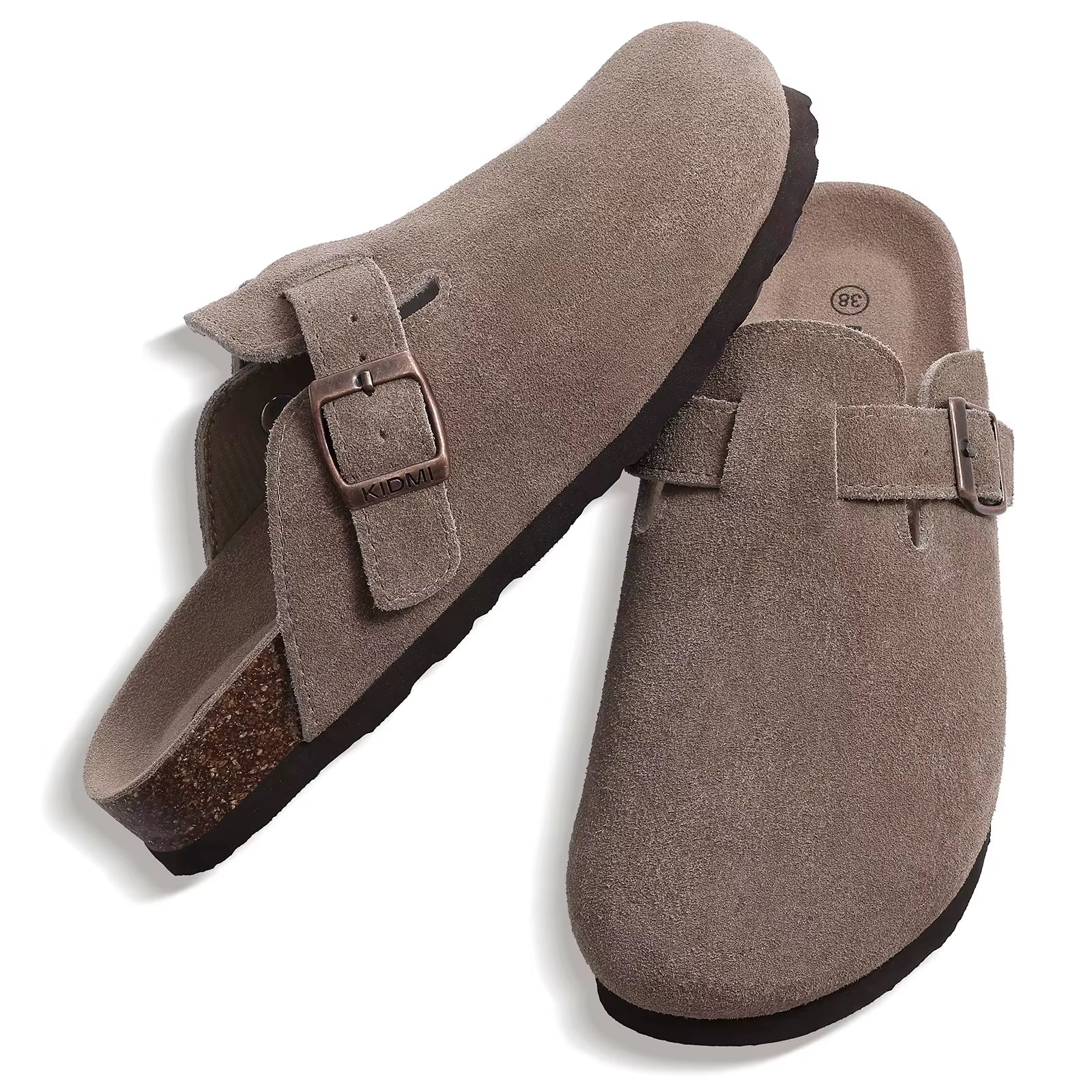 Mules sabots Kidmi en daim gris semelle liège support voûte plantaire