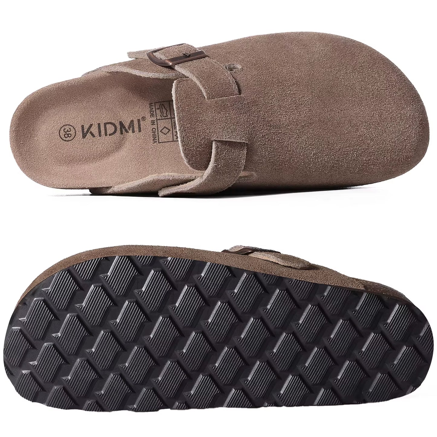 Mules sabots Kidmi en daim gris vue dessus semelle liège
