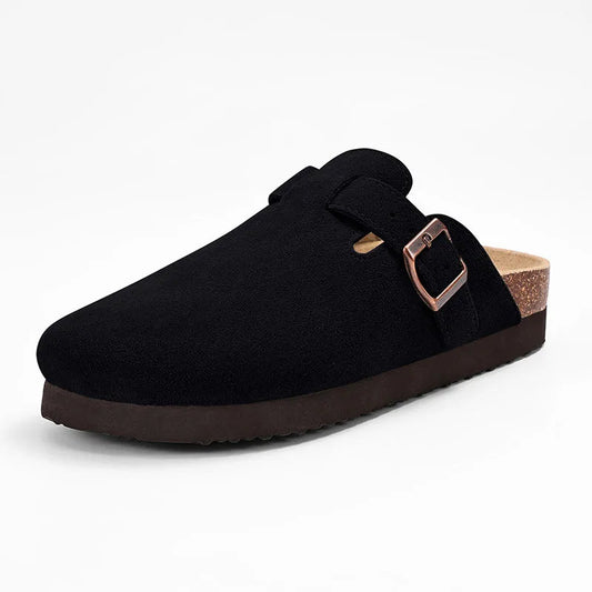 Mules sabots Kidmi en daim noir semelle liège support voûte plantaire