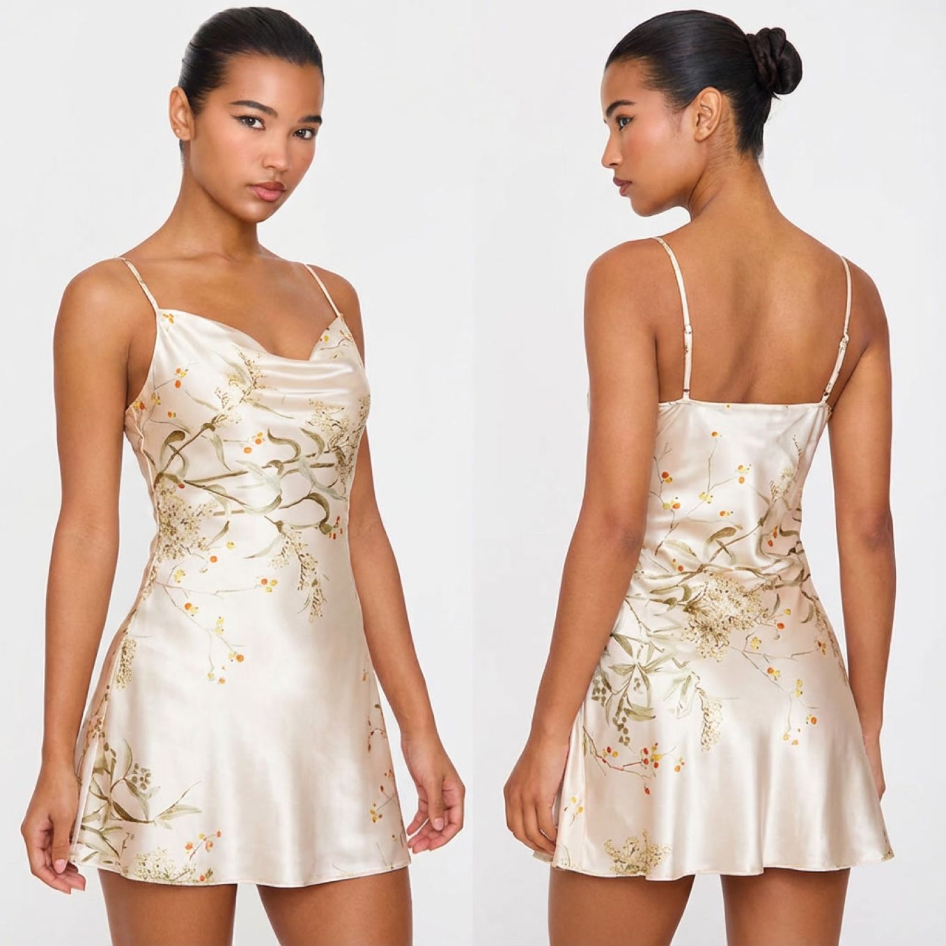 Nuisette femme satin à bretelles imprimé floral beige sur modèle hiver printemps 2026