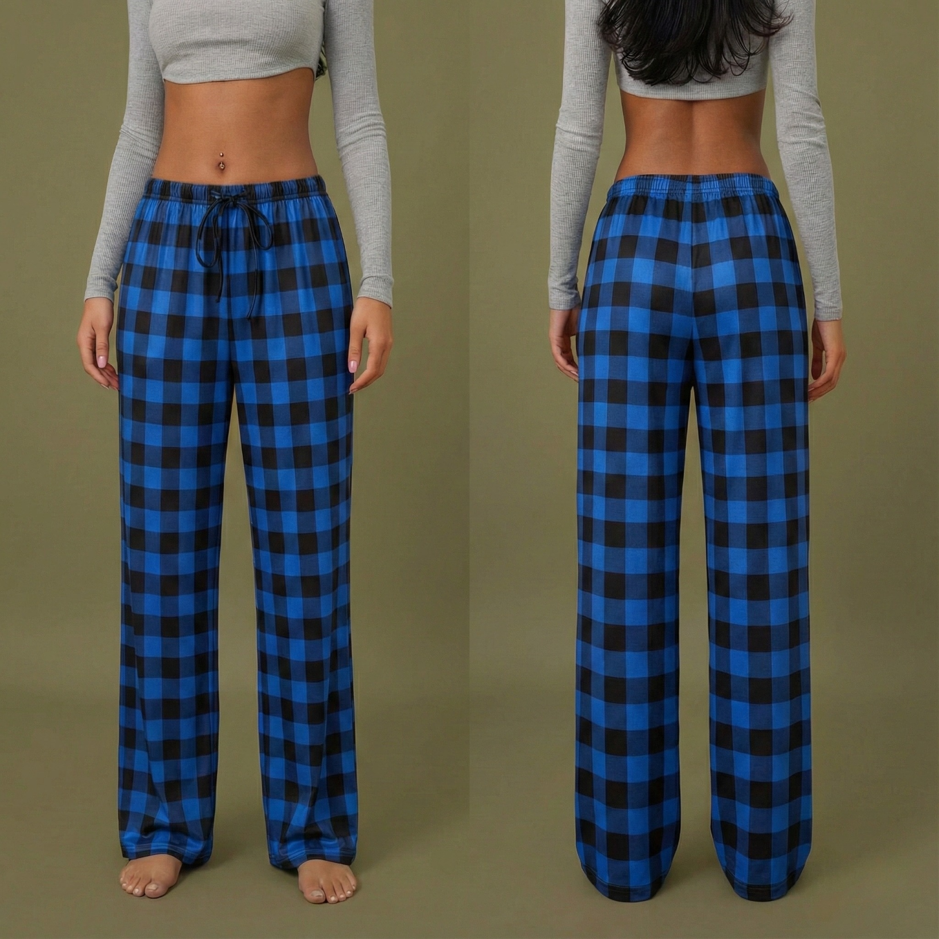 Pantalon de pyjama femme à carreaux plaid bleu et noir coupe ample hiver printemps 2026