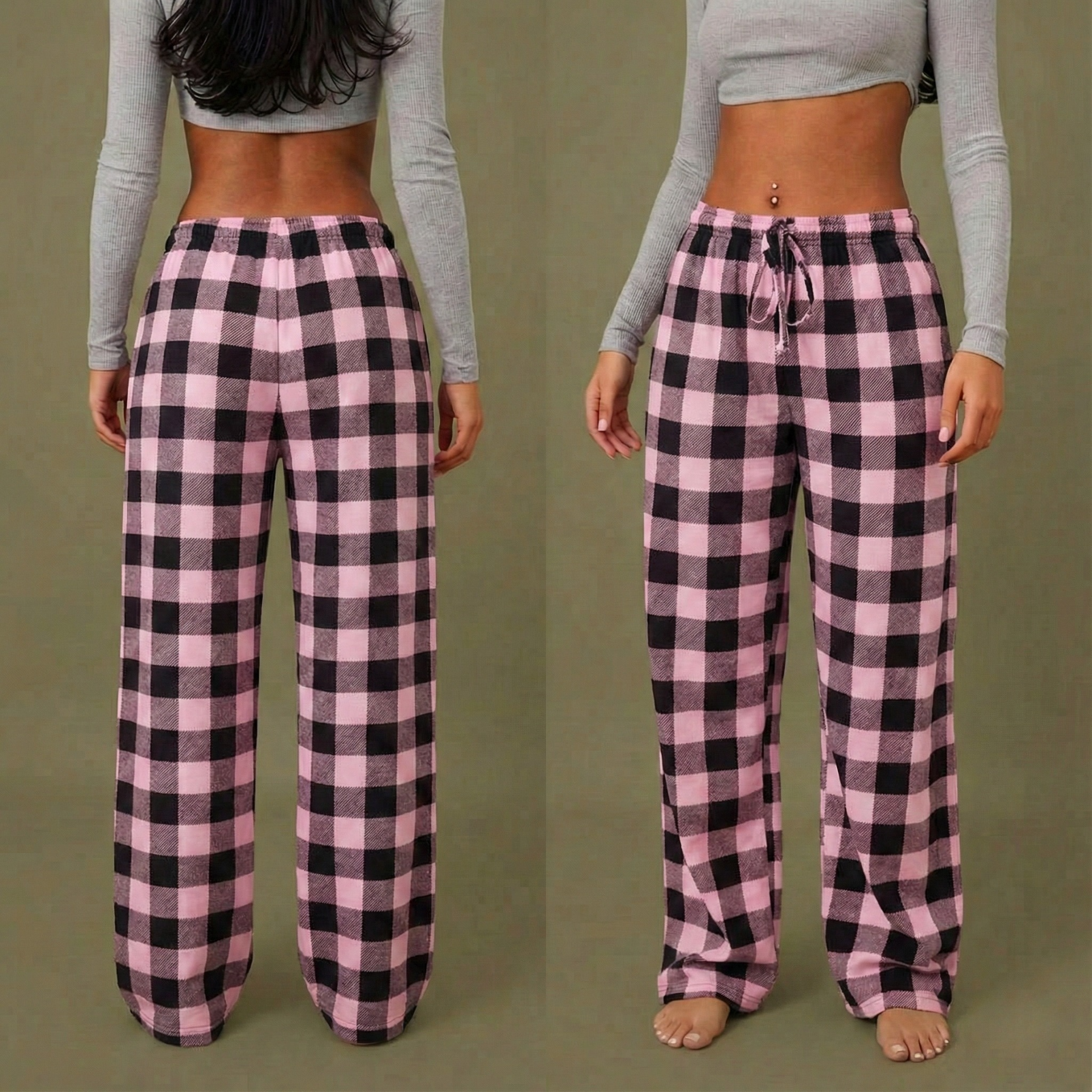 Pantalon de pyjama femme à carreaux plaid rose clair et noir coupe ample hiver printemps 2026