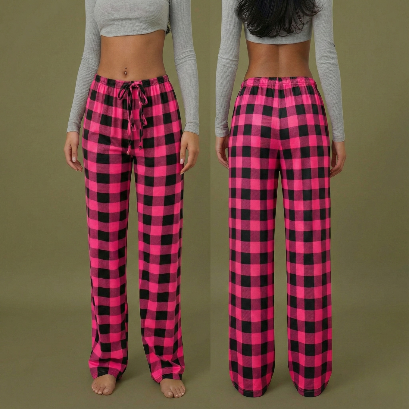 Pantalon de pyjama femme à carreaux plaid rose et noir coupe ample hiver printemps 2026