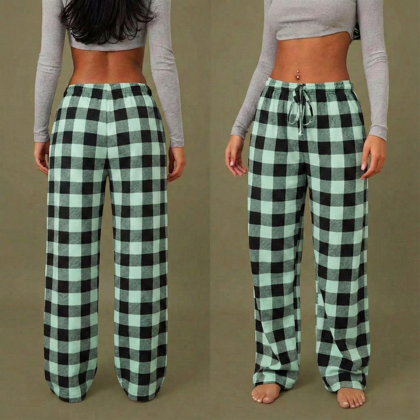 Pantalon de pyjama femme à carreaux plaid vert et noir coupe ample hiver printemps 2026