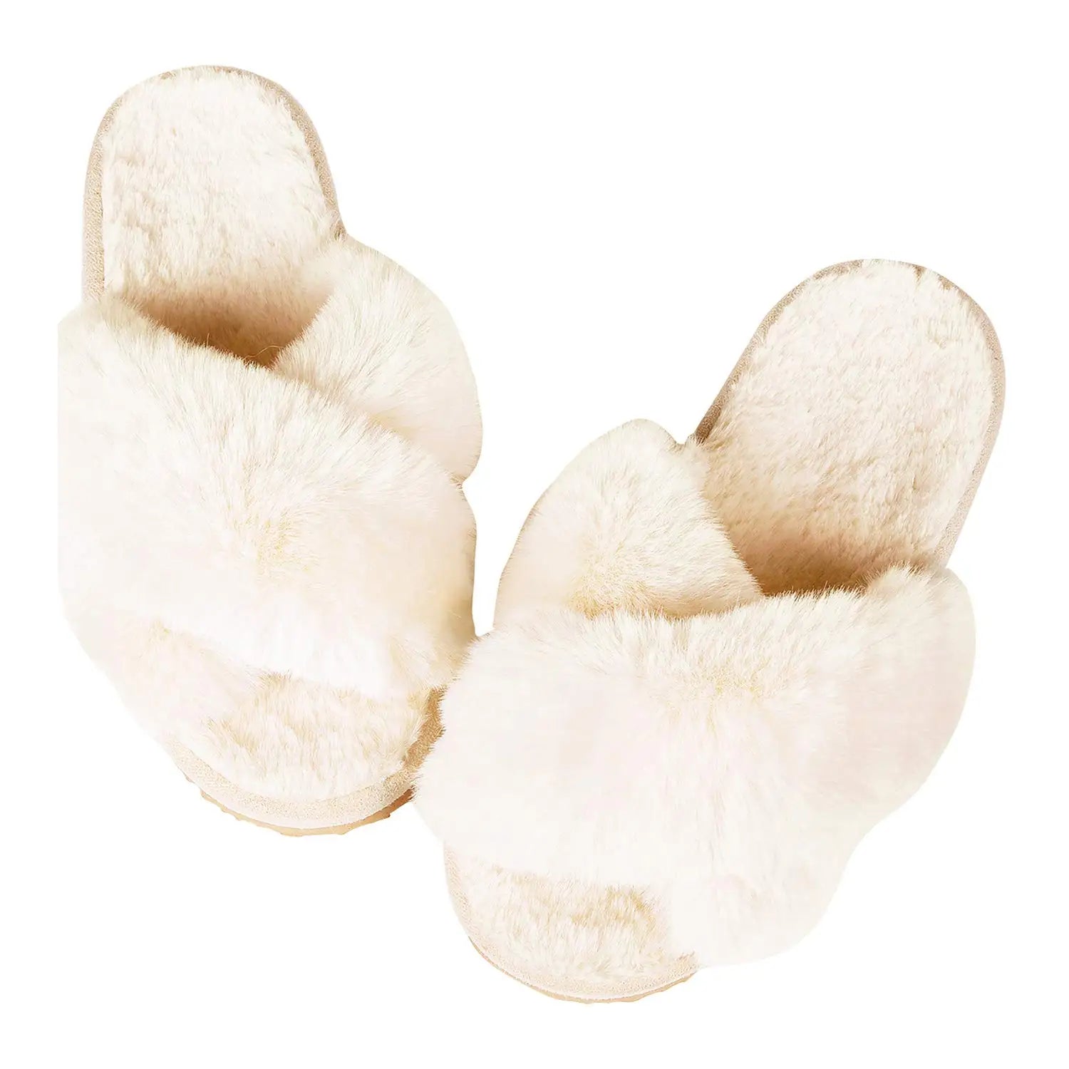 Pantoufles femme en fourrure beige à bande croisée semelle épaisse