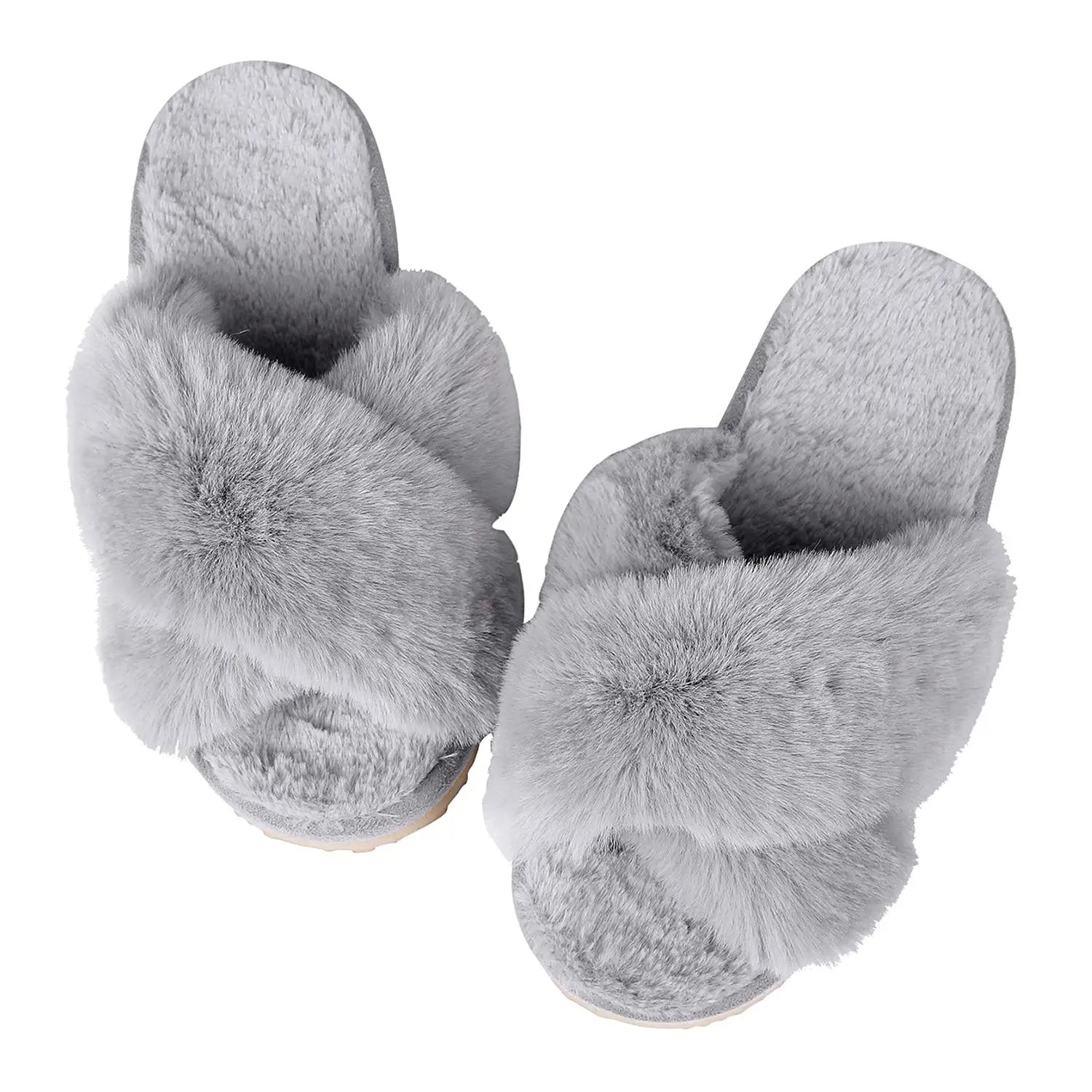 Pantoufles femme en fourrure gris clair à bande croisée semelle épaisse