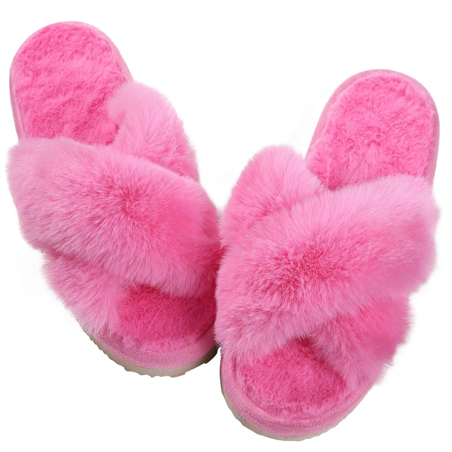 Pantoufles femme en fourrure rose vif à bande croisée semelle épaisse