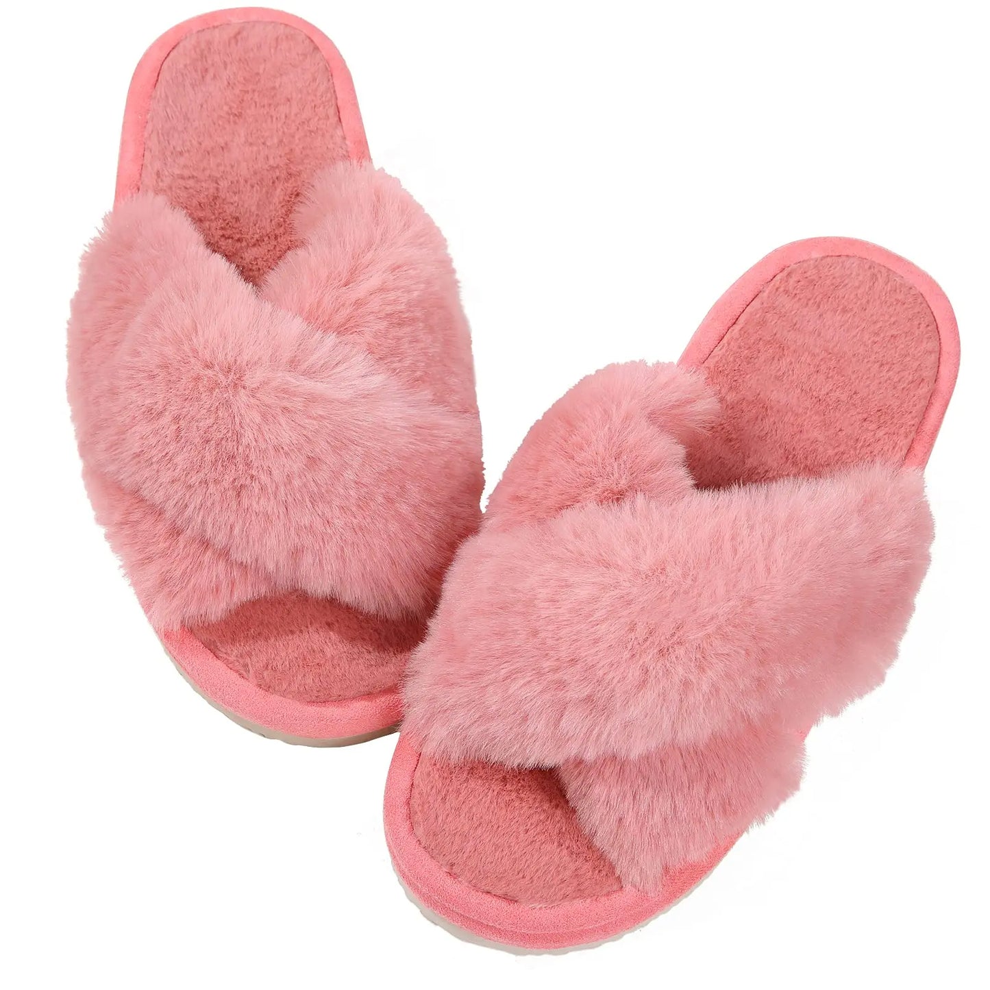 Pantoufles femme en fourrure rose à bande croisée semelle épaisse