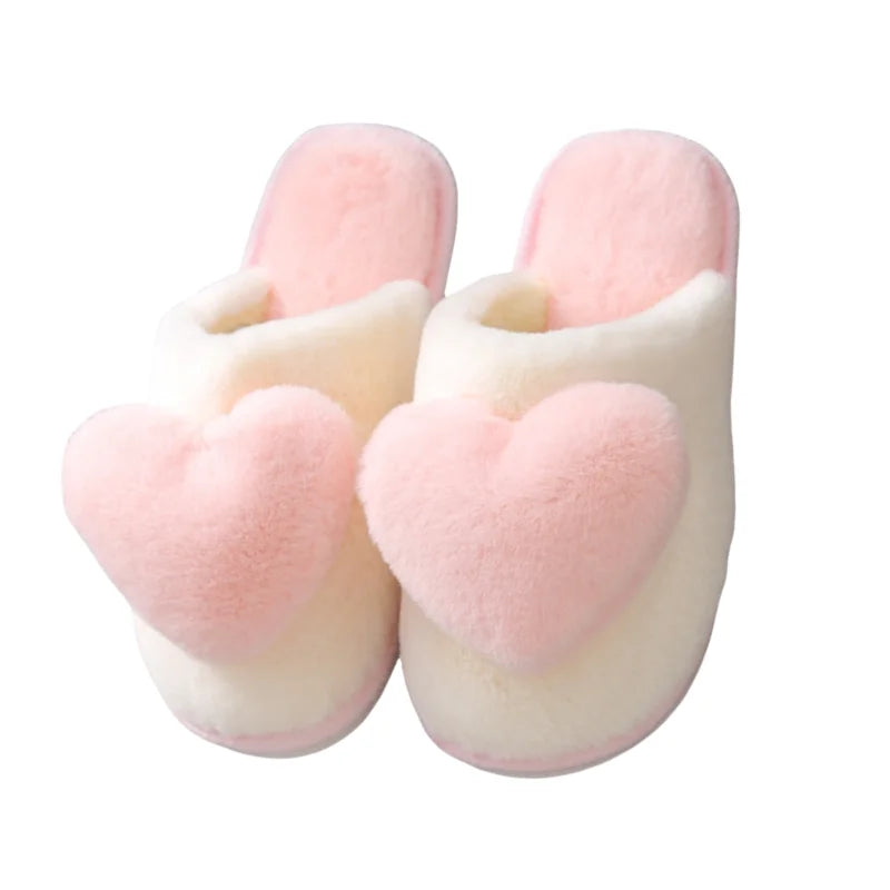 Pantoufles femme hiver motif cœur rose clair mules fourrées