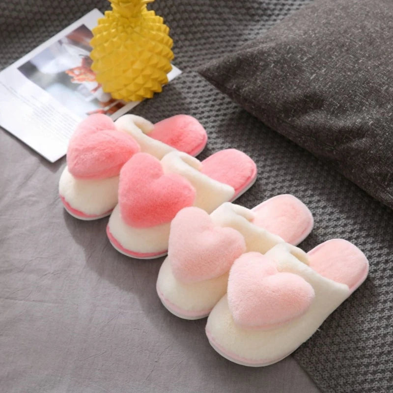 Pantoufles femme hiver motif cœur rose et rose clair mules fourrées