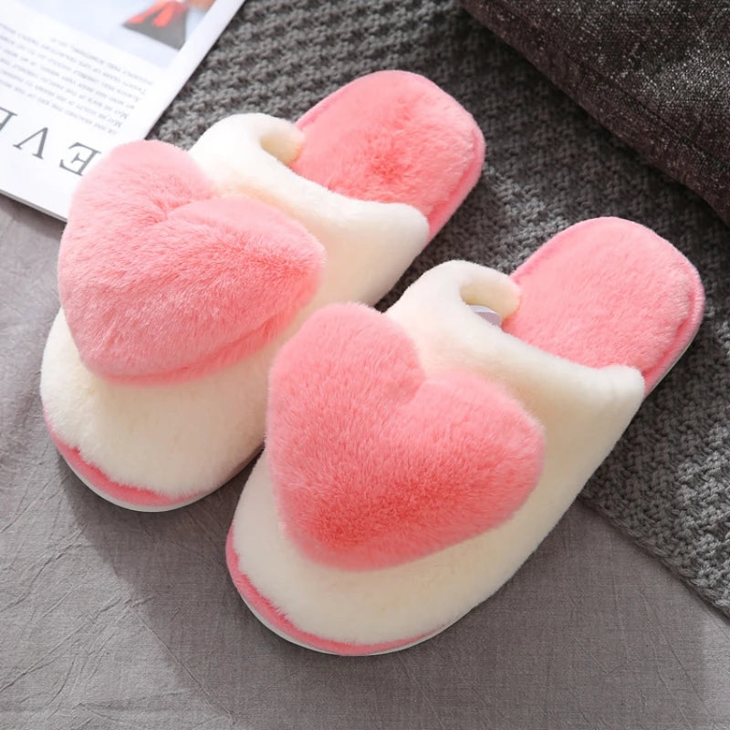 Pantoufles femme hiver motif cœur rose chaussons fourrés