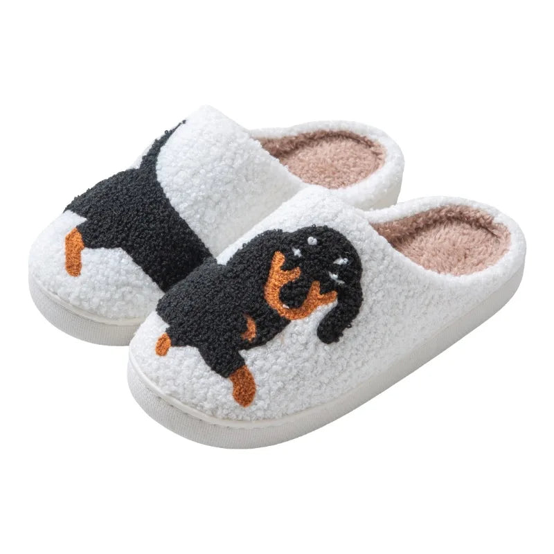 Pantoufles femme hiver motif teckel vue du dessus chaussons d’intérieur chauds