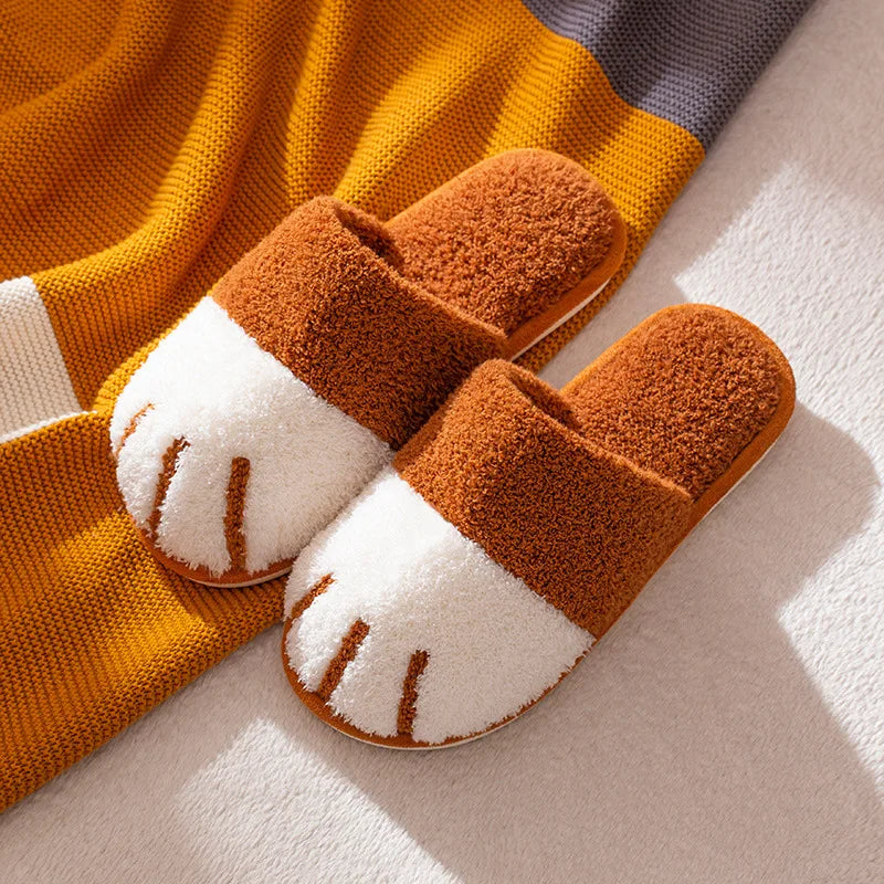 Pantoufles femme hiver patte de chat caramel chaussons peluche moelleux