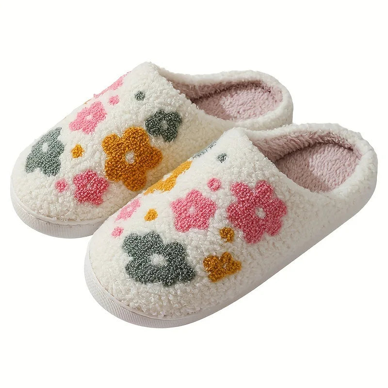 Pantoufles femme hiver en peluche motif fleurs chaussons chauds