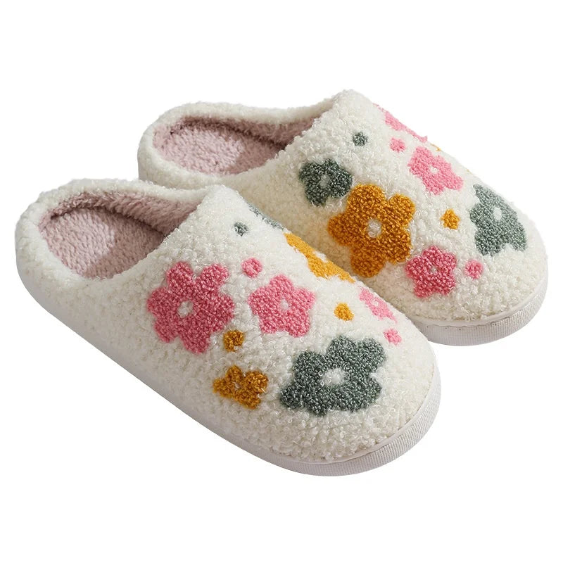 Pantoufles femme hiver en peluche motif fleurs chaussons chauds 