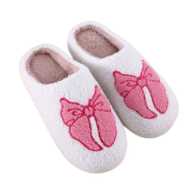 Pantoufles femme hiver en peluche motif nœud chaussons chauds