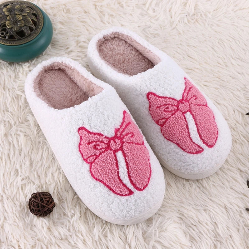 Pantoufles femme hiver en peluche motif nœud chaussons intérieur chauds