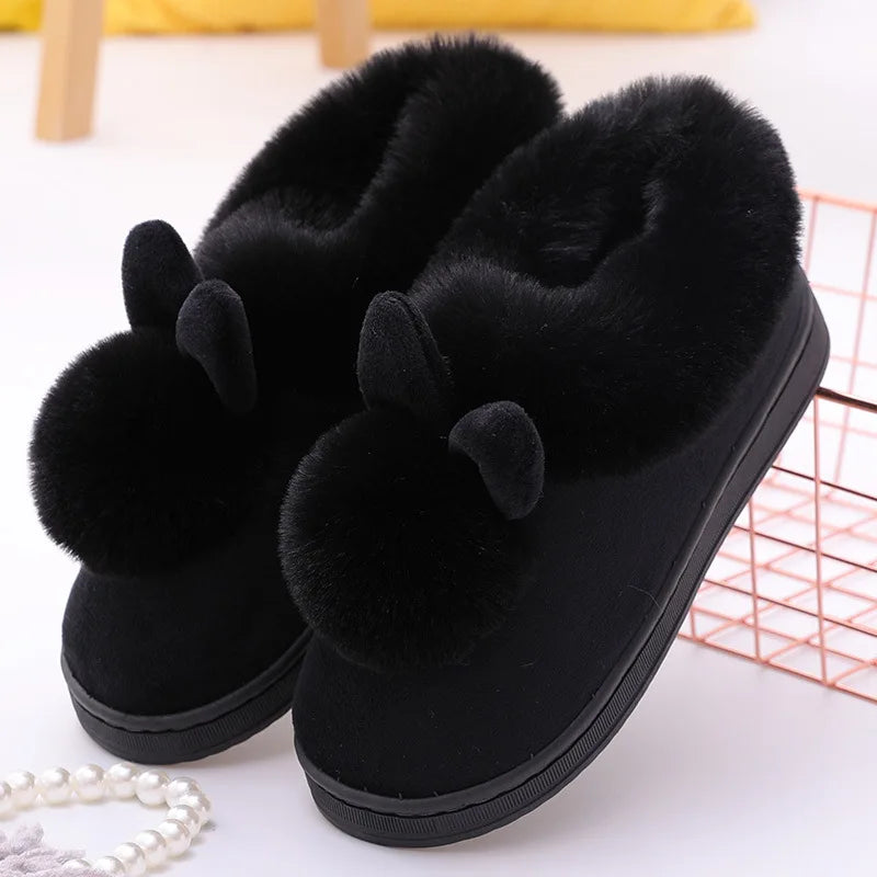 Pantoufles femme lapin noir peluche fourrées chaussons hiver doux