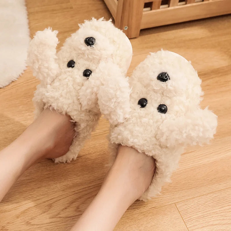 Pantoufles mules femme hiver motif chien beige fourrées antidérapantes