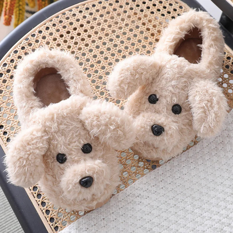 Pantoufles mules femme hiver motif chien kaki clair fourrées