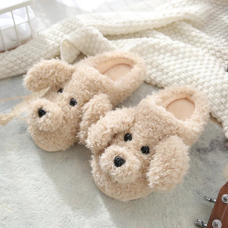Pantoufles mules femme hiver motif chien kaki fourrées antidérapantes