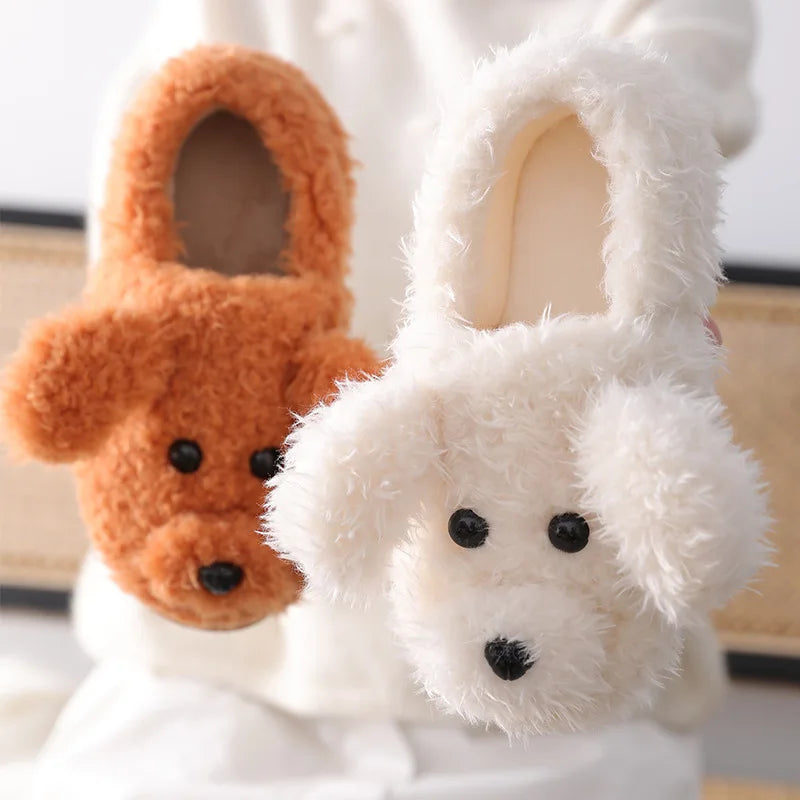 Pantoufles mules femme hiver motif chien marron clair et blanc fourrées