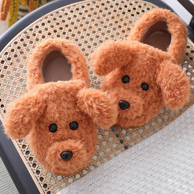 Pantoufles mules femme hiver motif chien marron clair fourrées antidérapantes