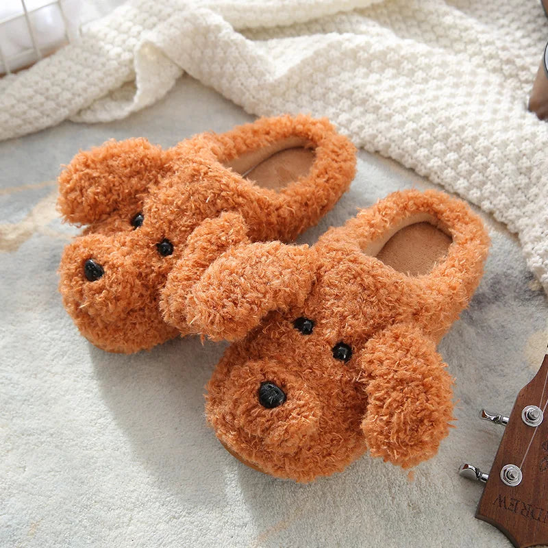 Pantoufles mules femme hiver motif chien marron foncé fourrées antidérapantes