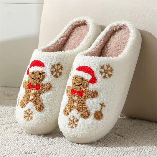 Pantoufles de Noël en peluche bonhomme en pain d’épices chaussons d’intérieur moelleux hiver