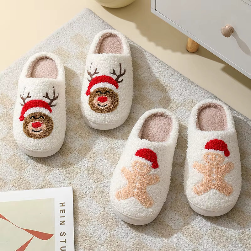 Pantoufles de Noël en peluche bonhomme de neige et rennes chaussons intérieur moelleux hiver