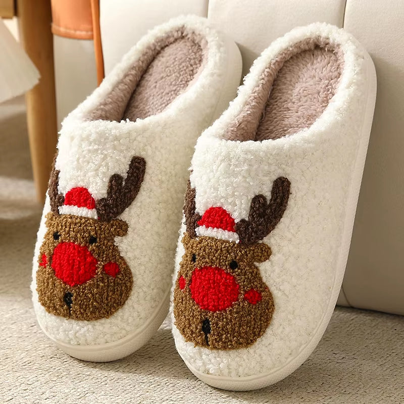 Pantoufles de Noël en peluche renne au nez rouge chaussons intérieur moelleux hiver