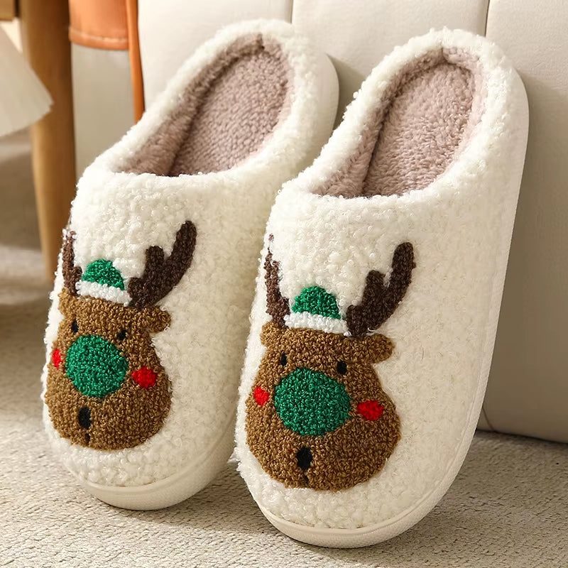 Pantoufles de Noël en peluche renne nez vert chaussons intérieur moelleux hiver