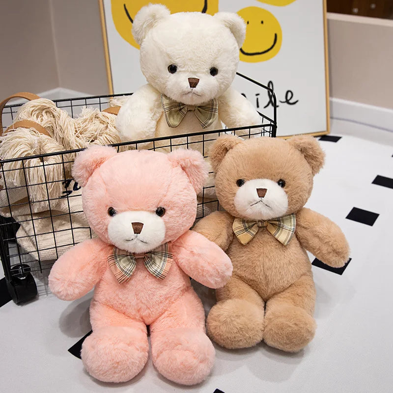 Collection peluches ours 30 cm blanc rose et marron avec nœud papillon