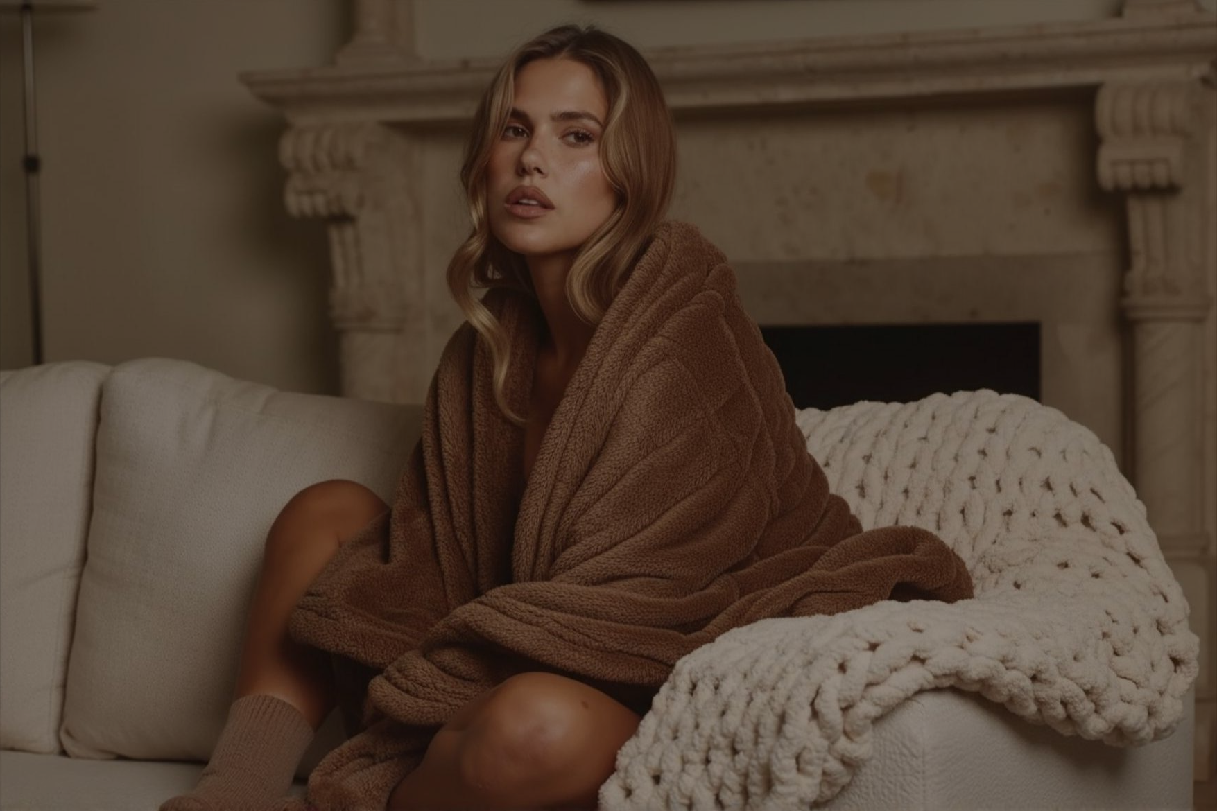 Plaid cocooning Softncosy marron porté près d’un canapé avec couverture douce