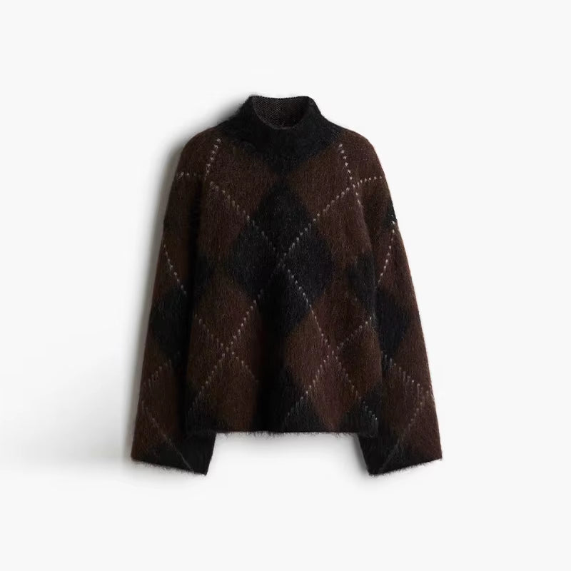 Pull femme maille brossée effet daim motif tartan hiver printemps