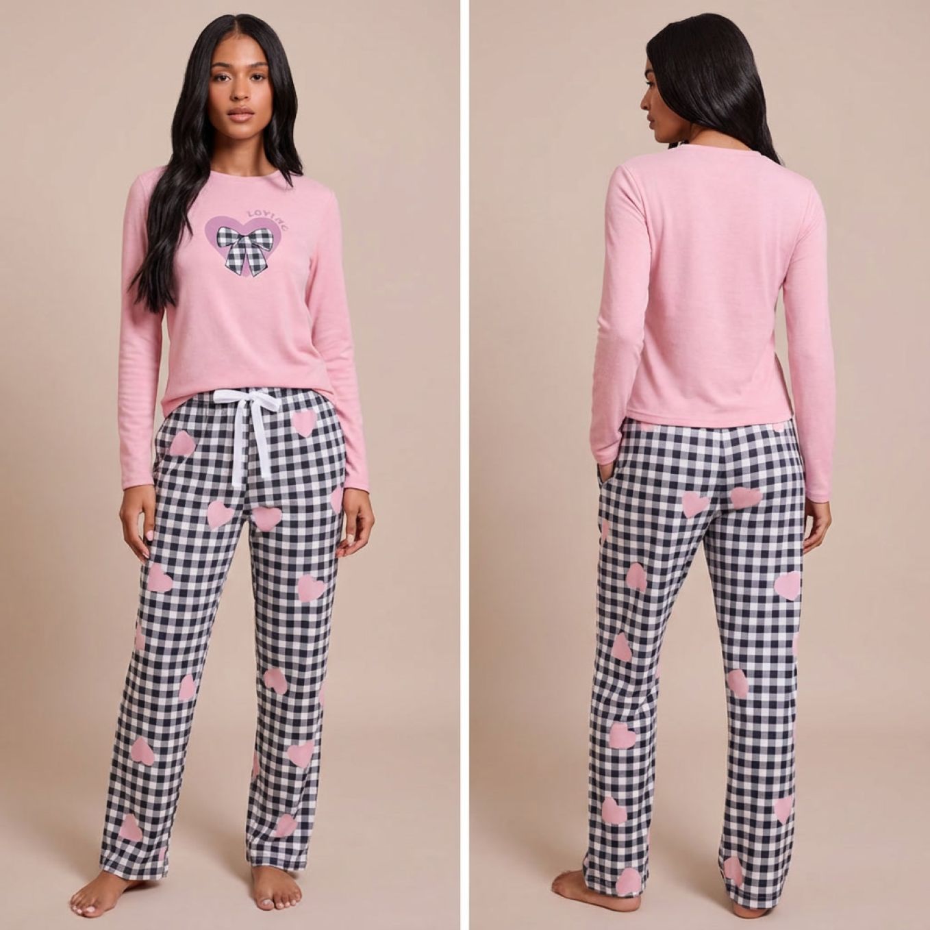 Pyjama femme deux pièces manches longues rose et gris imprimé cœur sur modèle hiver printemps 2026