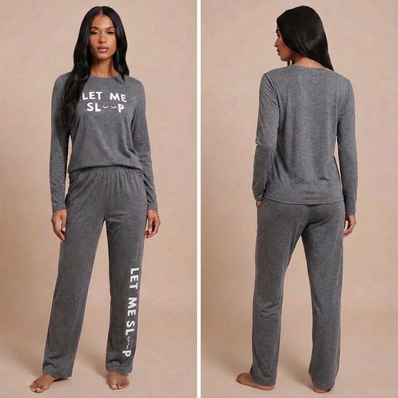Pyjama femme deux pièces manches longues imprimé mignon gris sur modèle hiver printemps 2026