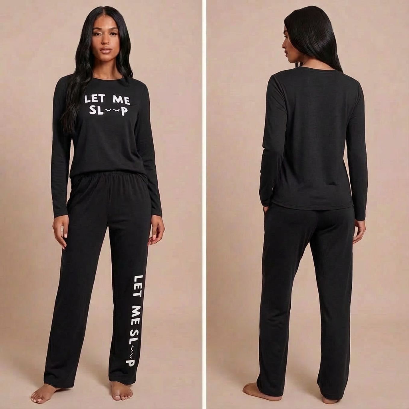 Pyjama femme deux pièces manches longues imprimé mignon noir sur modèle hiver printemps 2026