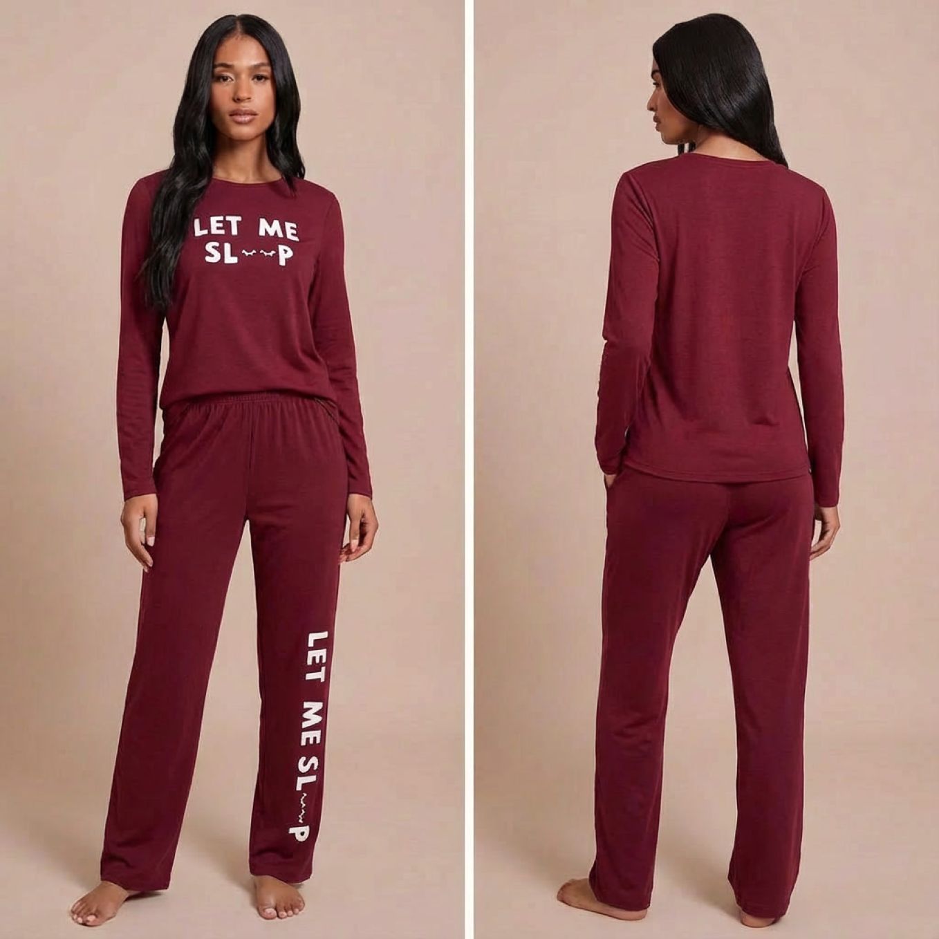 Pyjama femme deux pièces manches longues imprimé mignon rouge bordeaux sur modèle hiver printemps 2026