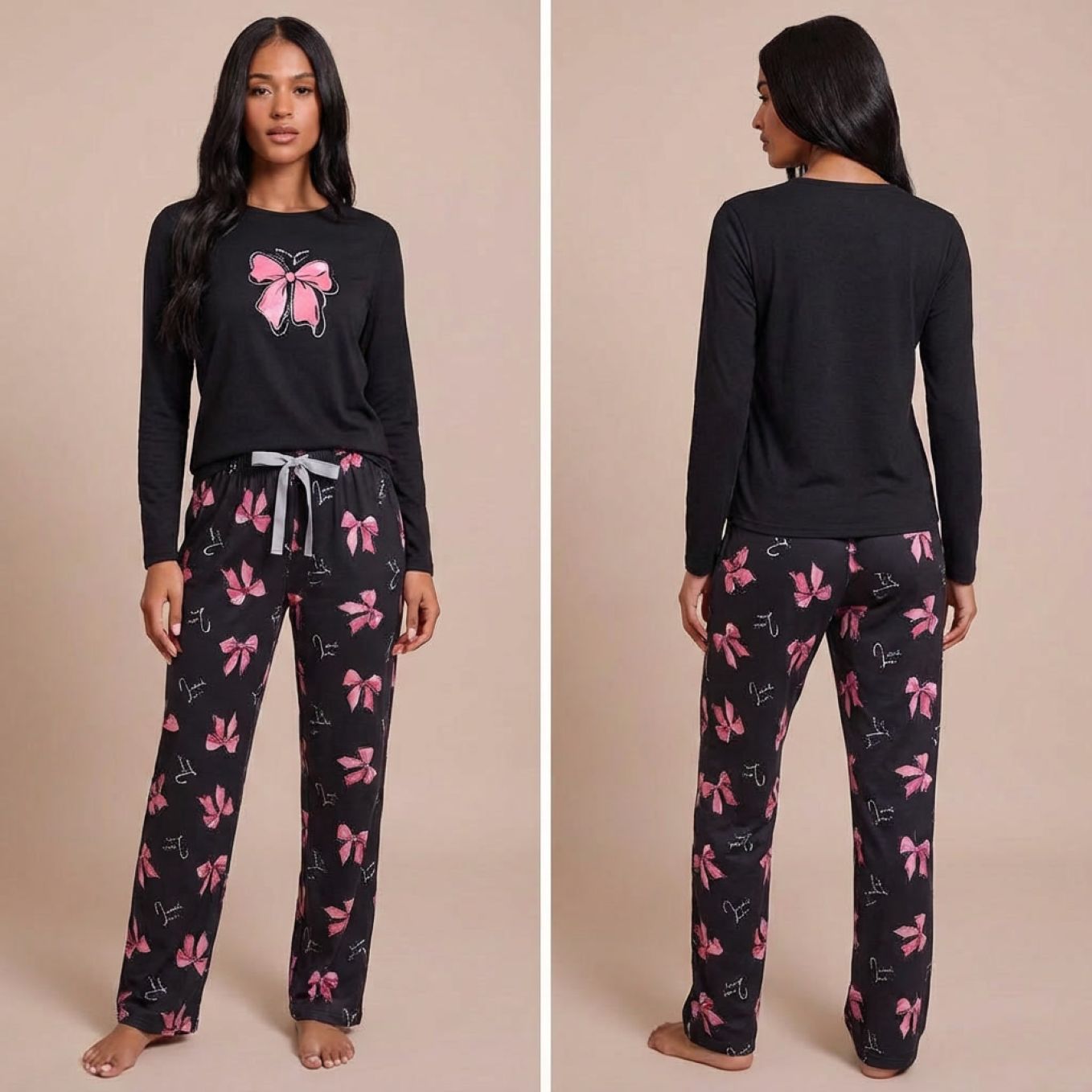Pyjama femme deux pièces manches longues gris sombre imprimé nœuds roses sur modèle hiver printemps 2026