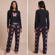 Pyjama femme deux pièces manches longues gris sombre imprimé nœuds roses sur modèle hiver printemps 2026