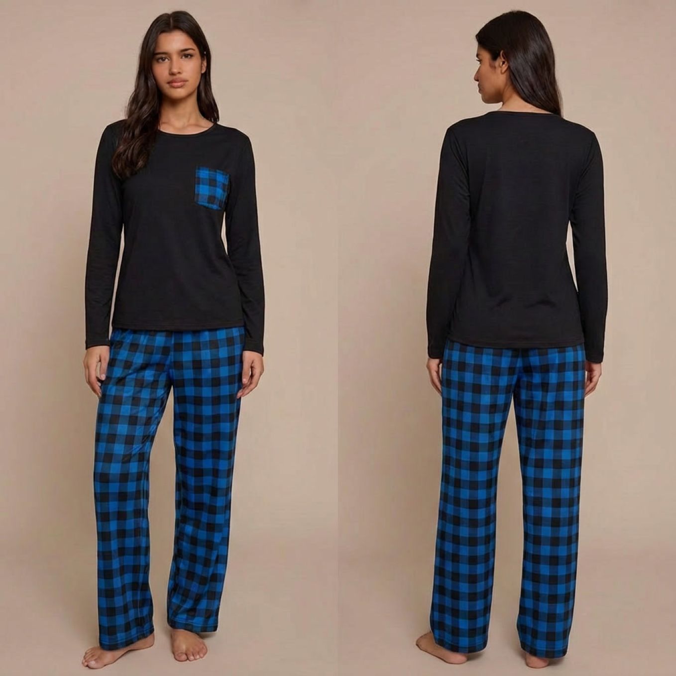Pyjama femme à carreaux motif vichy bleu deux pièces manches longues sur modèle hiver printemps 2026