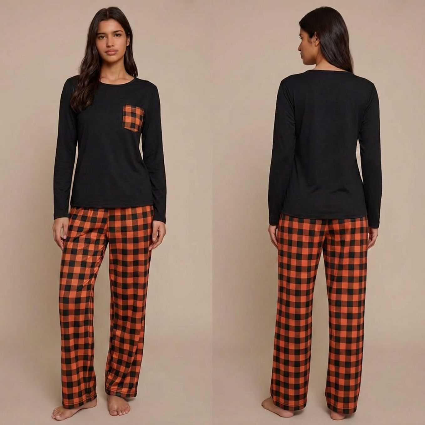 Pyjama femme à carreaux motif vichy marron deux pièces manches longues sur modèle hiver printemps 2026